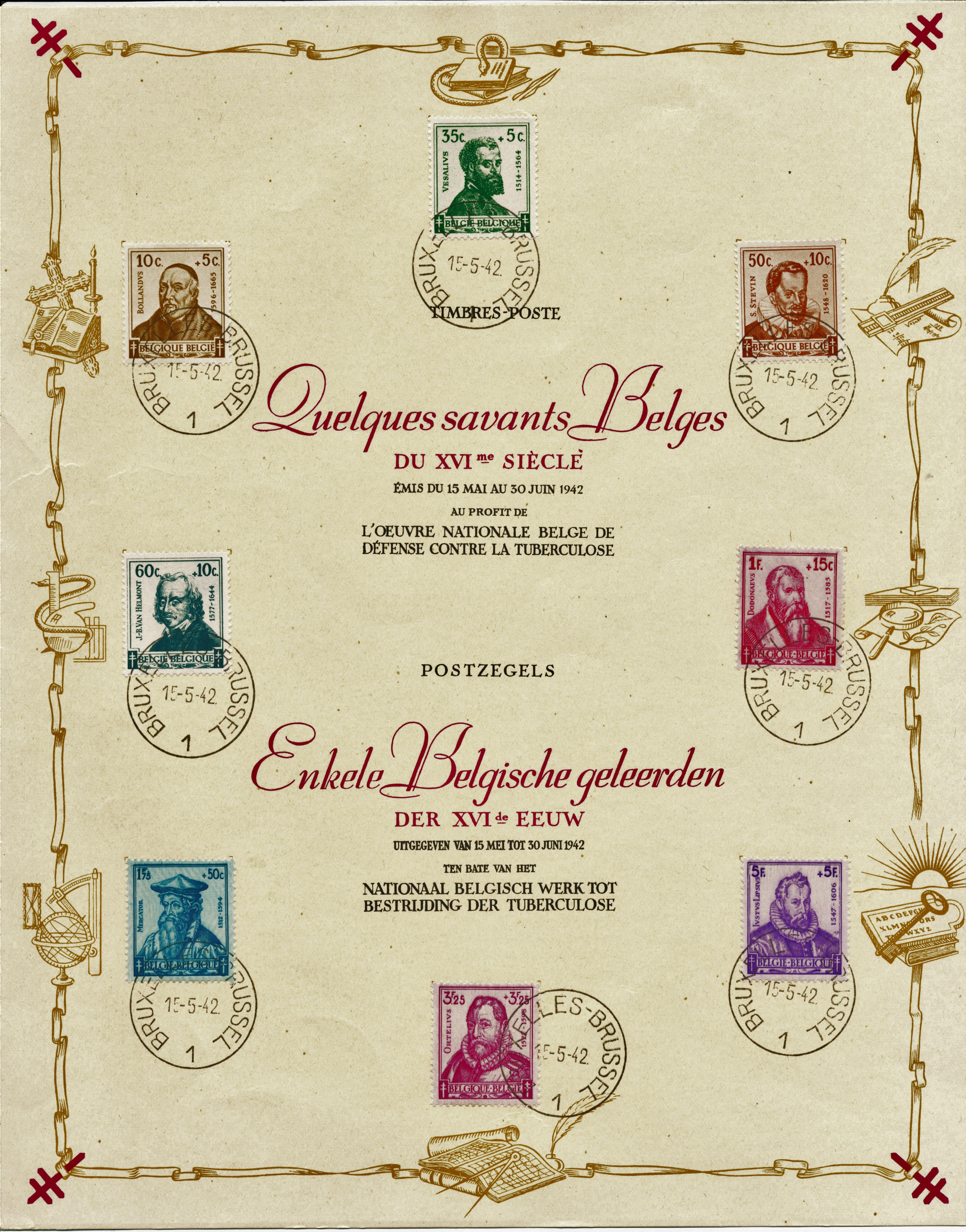 Photo Stamp sheet - Enkele Belgische geleerden der XVIde eeuw - 1942